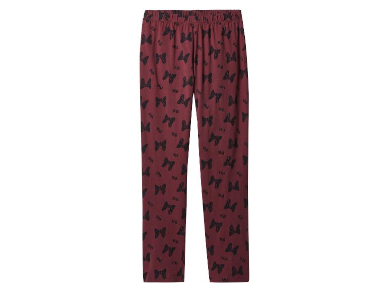 Bordeauxrode pyjamabroek met zwarte Minnie Mouse-strikken en 'MM'-print.