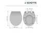 Toiletzitting met soft-close functie, maten in millimeters.
