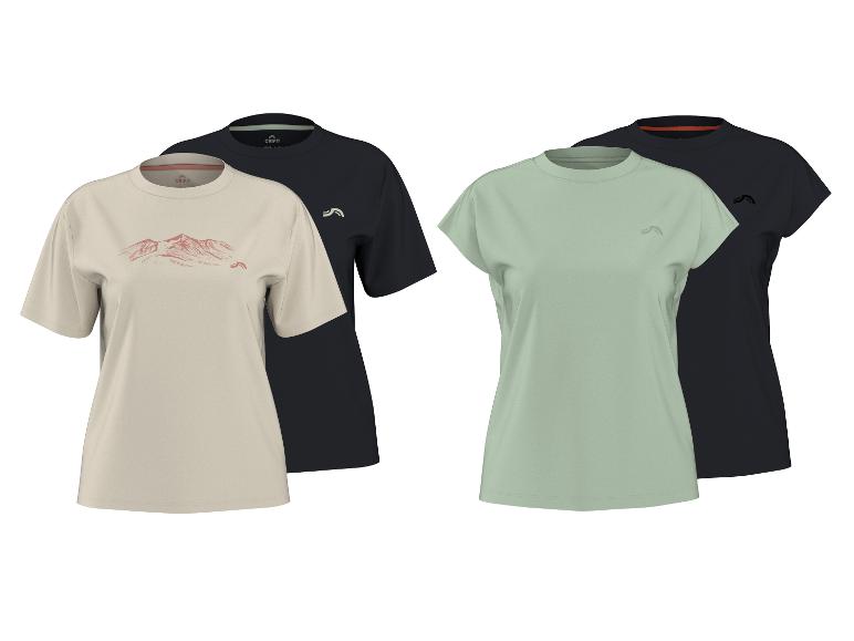 Twee paar T-shirts met korte mouwen, één beige met berggrafiek, de andere lichtgroen.