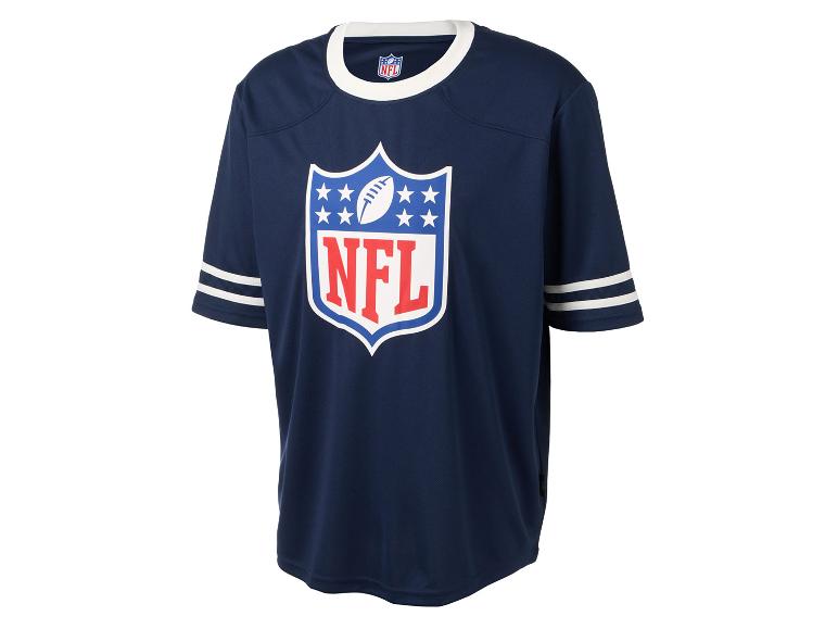 Donkerblauw NFL shirt met korte mouwen en witte strepen.