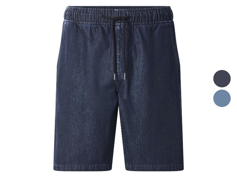 Heren denim shorts met elastische tailleband en trekkoord, verkrijgbaar in donkerblauw en lichtblauw.