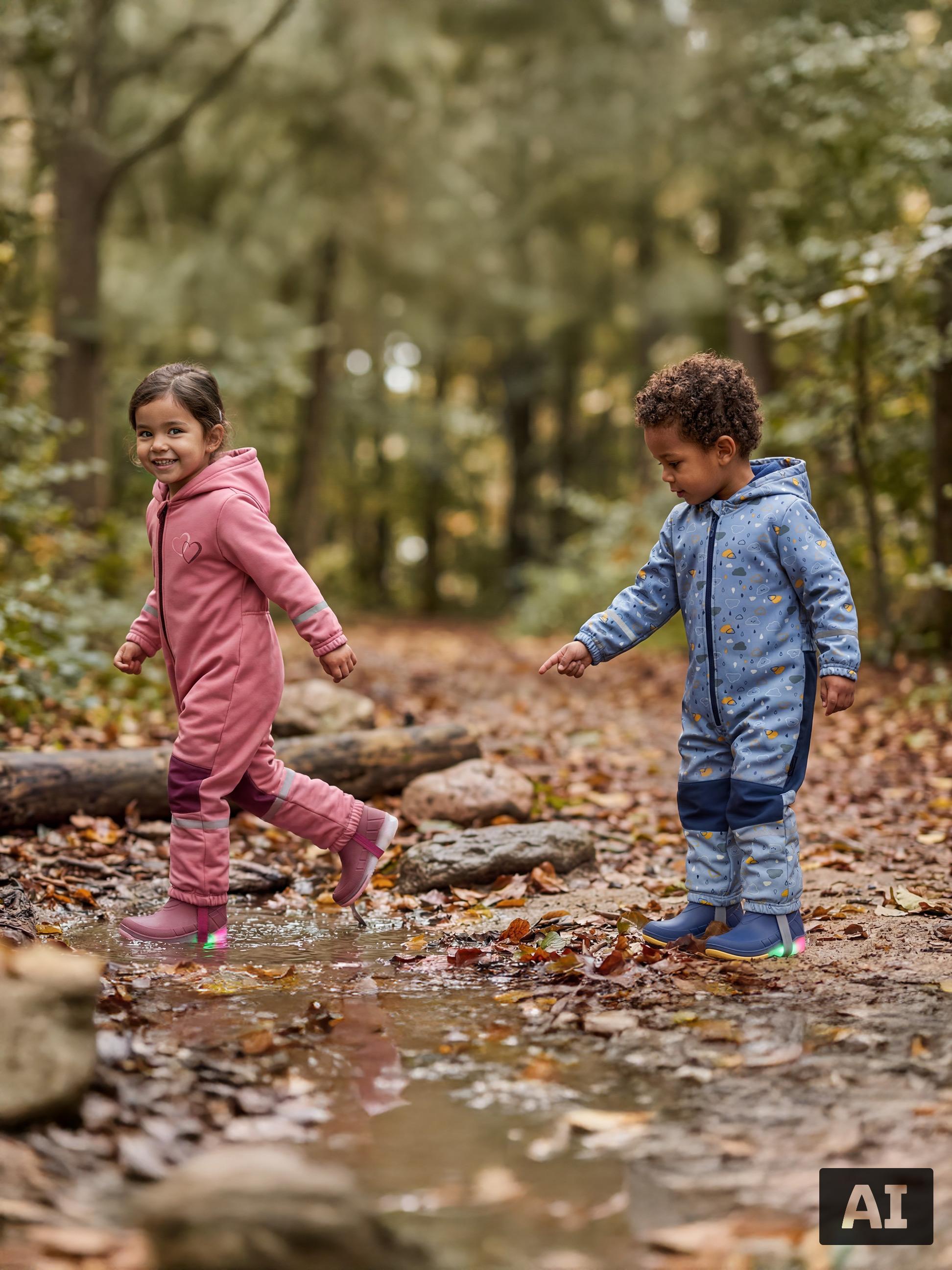 Twee kinderen in regenpakken en lichtgevende laarzen spelen in een plas.