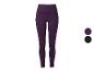 Paarse sportlegging voor dames met zijzakken, met kleuropties paars en zwart.