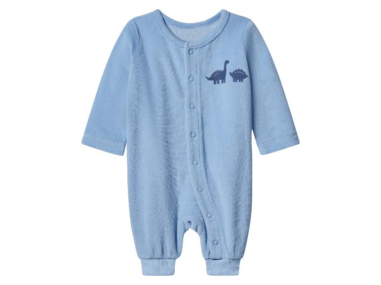 Blauwe baby romper met dinosaurusprint en drukknoopsluiting.