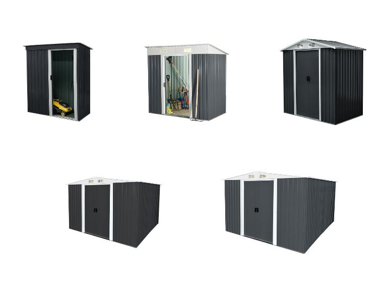 Vijf donkergrijze metalen tuinhuisjes, sommige open met gereedschap en een grasmaaier erin.