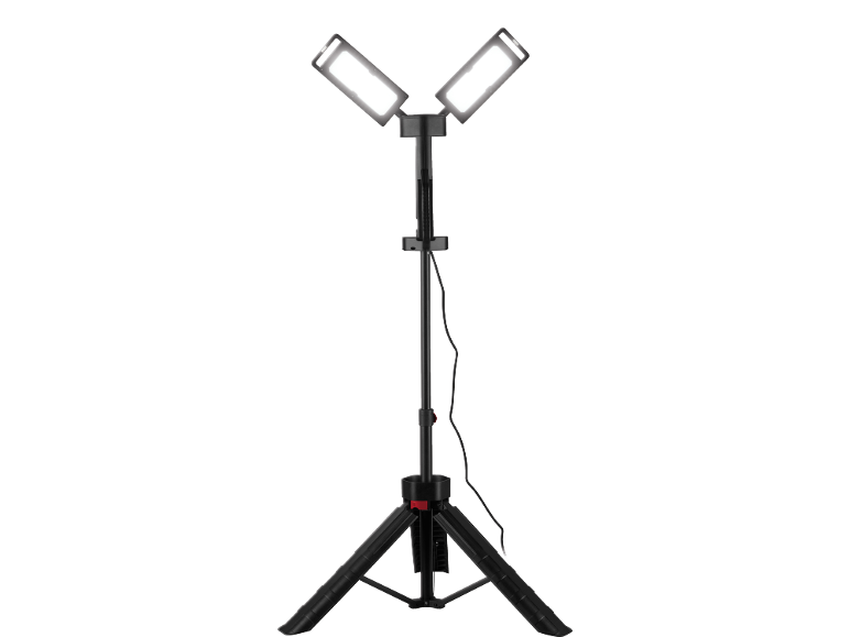 Zwart statief met twee heldere LED-bouwlampen en een snoer.
