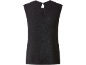 Zwarte mouwloze top met V-hals en druppelvormig detail.