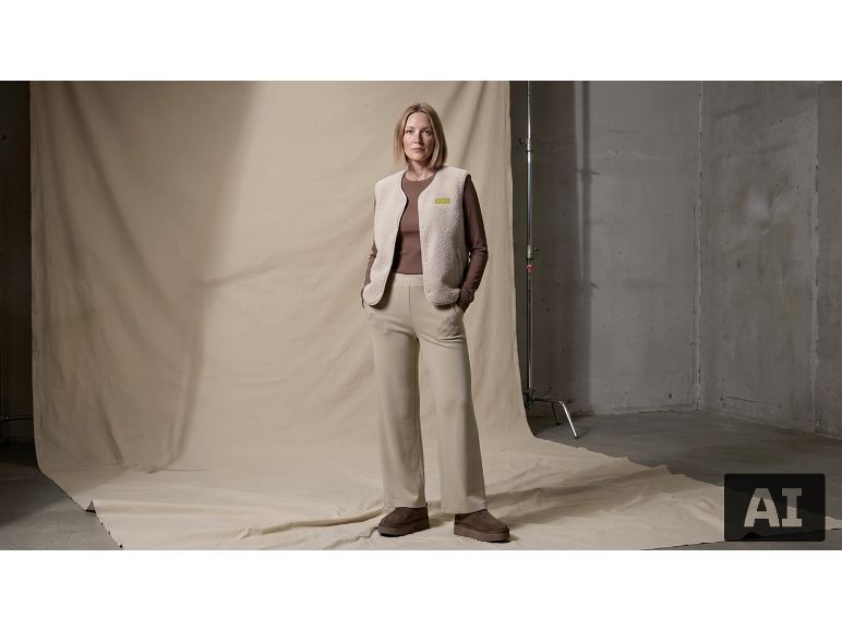 Vrouw in een teddy bodywarmer, bruine top en beige broek.