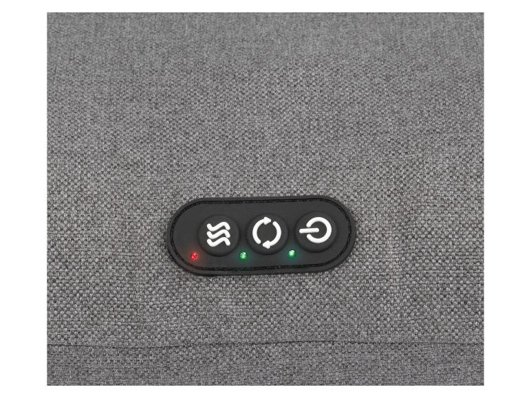 Zwart bedieningspaneel met drie knoppen en indicatielampjes op een grijze stof.