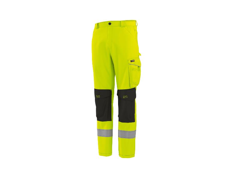 Gele werkbroek met reflecterende strepen en zwarte kniebeschermers