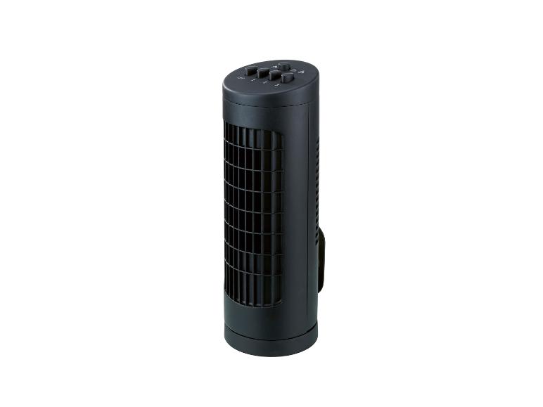 Zwarte torenventilator met bedieningsknoppen aan de bovenkant