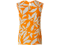 Oranje mouwloze top met witte bladprint en V-hals.