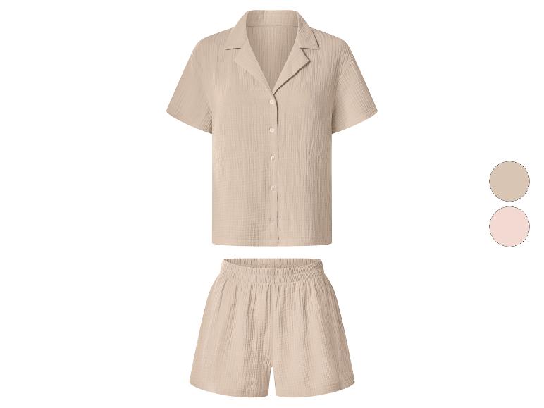 Dames pyjamaset met korte mouwen en korte broek in beige en roze.