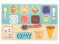 Houten ijsthema puzzel, met diverse smaken, toppings en gebruiksvoorwerpen.