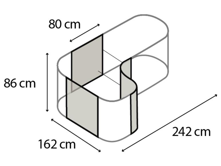 Afmetingen: 86 cm hoogte, 80 cm breedte, 162 cm diepte en 242 cm lengte