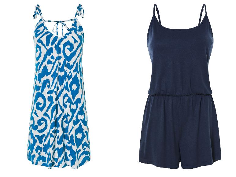 Zomerjurk met blauw-witte print en donkerblauwe jumpsuit short.
