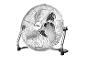 Metalen vloerventilator met drie bladen en rond rooster.