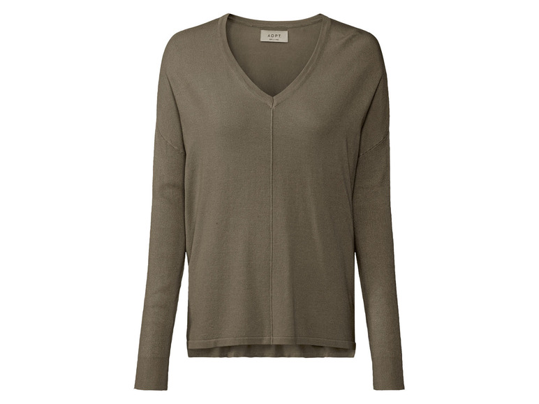 Een groene, gebreide trui met V-hals van het merk P.T.D.