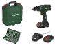 Accuboormachine met koffer, boorset, oplader en accu's.