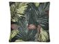 Donkergroen kussen met een tropisch bladpatroon in groen-, rood- en roze tinten.