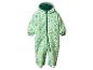 Lichtgroene waterdichte kinderoverall met wasbeer- en bomenpatroon.