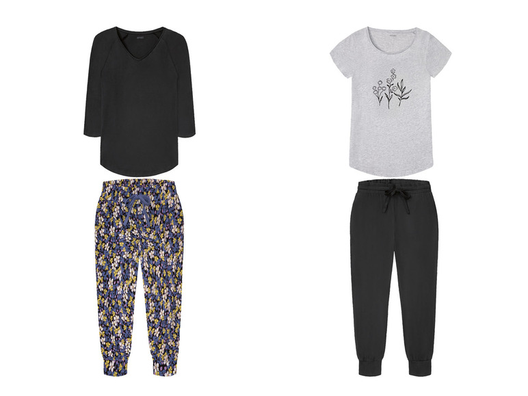 Twee sets kleding met een zwarte top, een grijze T-shirt met bloemenprint en joggers met bloemenprint en zwarte joggers.