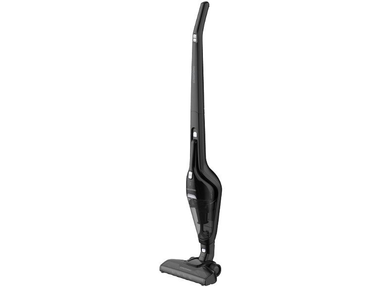 Zwarte draadloze steelstofzuiger met ergonomische handgreep en transparant stofreservoir.