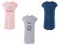 Drie dames t-shirts: roze 'Snooze', grijs met een zeehondje en donkerblauw met witte stippen.