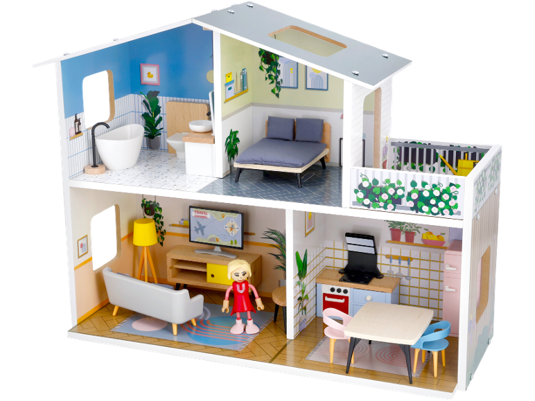 Meerlaags poppenhuis met meubels, badkamer, slaapkamer, woonkamer en keuken.