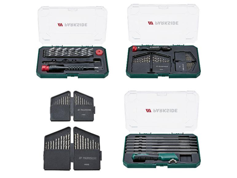 Parkside gereedschapssets met bits, boren en vijlen in transparante koffers.