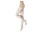 Lichtbeige transparante panty op een paspop, met verstevigde tenen en tailleband.