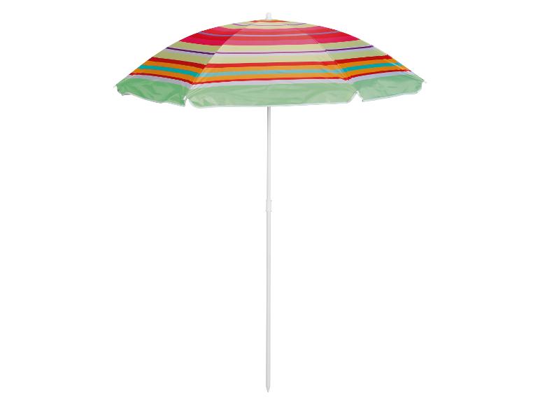 Gestreepte strandparasol, felle kleuren, perfect voor de zomer.