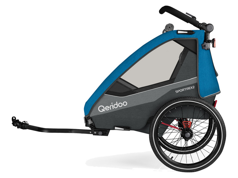 Een blauwe Qeridoo Sportrex2 fietskar met een groot wiel