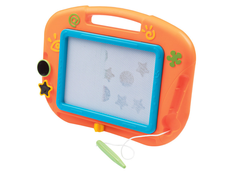 Een oranje tekenbord met een blauwe rand en een groene stift.