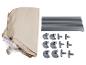 Beige stoffen hoes en grijze metalen buizen en plastic connectoren voor een opbergrek.