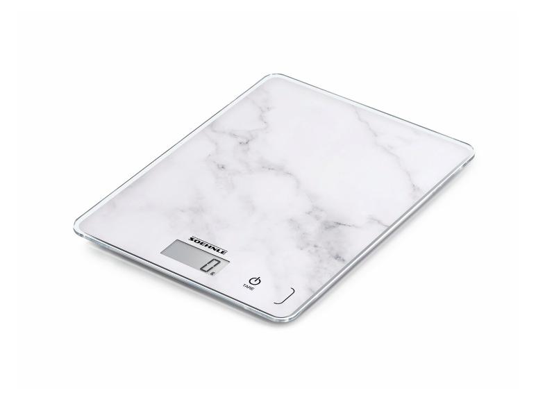 Keukenweegschaal met marmerpatroon en digitaal display.