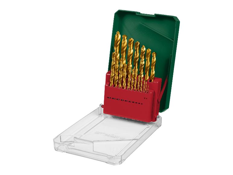 Set gouden boorbits in een rode en groene koffer met transparant deksel.