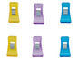 Zes kleurrijke plastic clips, twee geel, twee paars en twee blauw.