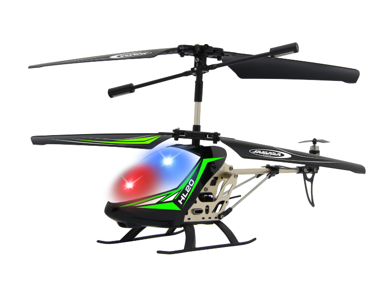 Speelgoedbestuurbare helikopter met brandende lichten op een zwarte achtergrond.