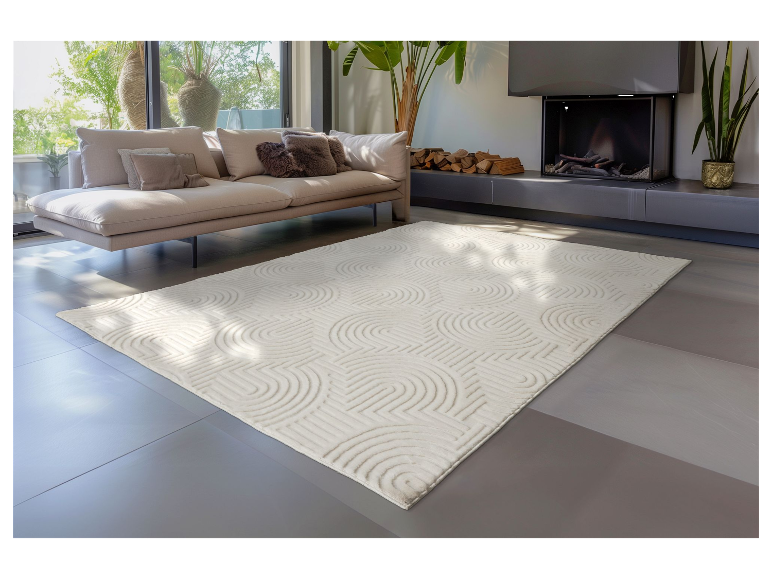 Geometrisch tapijt in een moderne woonkamer.