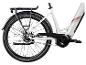 Achterkant van een witte elektrische fiets met bagagedrager, spatbord en pedalen.