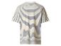 Crèmekleurig poloshirt met marineblauwe horizontale strepen, achterkant.