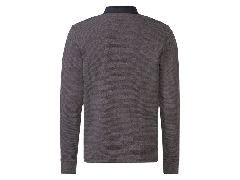Een donkergrijs gestreept longsleeve poloshirt.