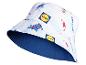 Lidl bucket hat met voedselprint: karretjes, worstjes en logo.