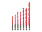 Een set van zeven rode boorbits, inclusief de maten 4,0, 5,0, 6,0, 8,0, 10,0 en 12,0 mm.