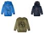 Kinderhoodies: blauwe Sonic-hoodie, marineblauwe Paw Patrol-hoodie en olijfgroene Jurassic World-sweatshirt.