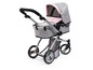 Een grijze kinderwagen met roze details.