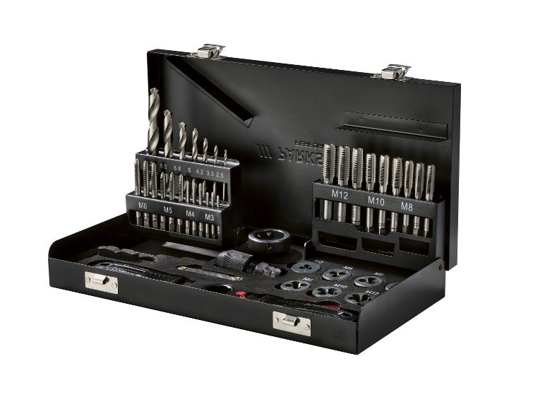 Boor- en tapset in een zwarte koffer, maten M3 tot M12.