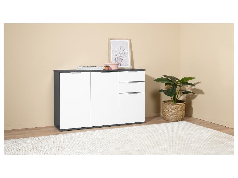 Modern wit en donkergrijs tv-meubel met deuren en lades.