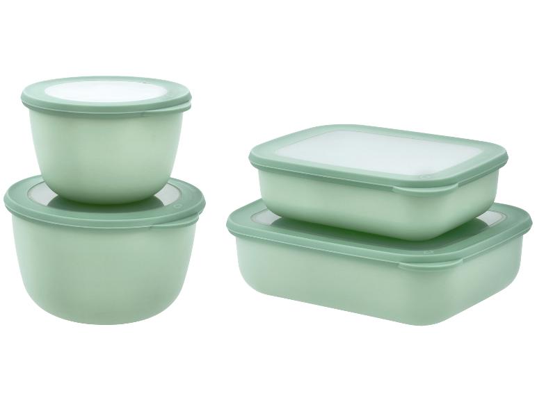 Set groene voedselbewaarbakjes: twee rechthoekige en twee ronde.